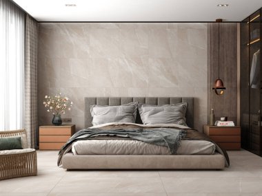 Lüks konforlu yatak odası iç tasarımı gri rahat yatak odası ve ahşap sandalye yanı sıra duvardan arka bahçeye duvar bej fayanslar zemin ve duvar ve temel dekor öğesi. 3B Hazırlama