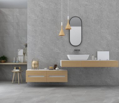 Modern geniş banyonun içinde şık aynalar, kare lavabo, beyaz küvet, yanında asılı ışıklar, yanında pencere ve üç farklı boyutta saksı olan masa. 3B Hazırlama