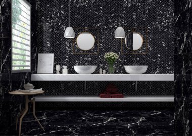 Tavan pencereleri, asılı ışıklar, serbest küvet, duşun yanındaki pencere, lavabo vantilatörü, beyaz mobilyalar ve ısıtmalı döşemeler de dahil. 3B Hazırlama