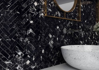 Mermer granit, siyah panorama arka plan yüzeyi siyah desenli, soyut, zarif gri, seramik, tezgâh, taş levha, pürüzsüz, gümüşi, doğal fayans. 3B Hazırlama