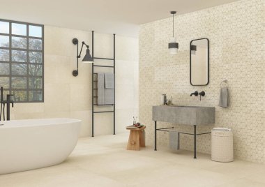 Zeminde bej mermer, beyaz küvet, havlular ve diğer kişisel banyo aksesuarları olan şık tasarımla lüks bir banyo. Modern görkemli iç mekan konsepti. Çatı penceresi. 3B Hazırlama