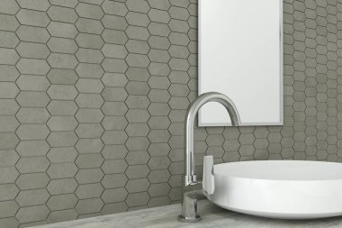 Yuvarlak beyaz leğen, üzerinde el havlusu ve dekoratif musluk olan bir bankta. 3B Hazırlama