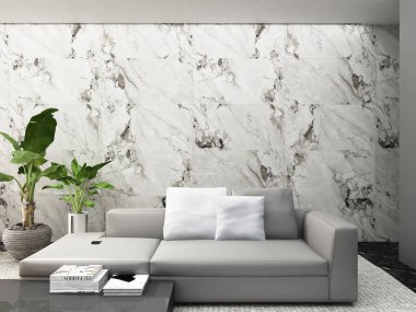 Modern iç tasarım, geniş bir odada, beyaz bir duvara karşı çiçekli bir masanın yanında. Rahat bir kanepesi, çiçekleri ve zarif aksesuarları olan parlak, ferah bir oda. 3B Sunumlar