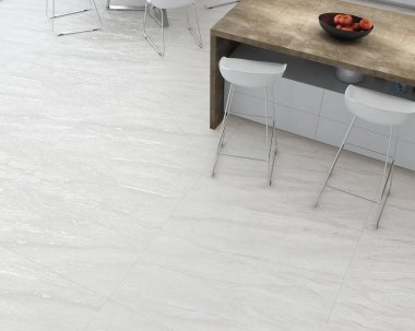 Morden Kitchen 'ın yemek odası, beyaz mermer döşeme, ahşap mutfak rafları, güzel manzaralı bir pencere, temiz hava için bir bitki ve diğer dekoratif eşyalar. 3B Hazırlama