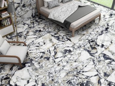 Lükslü stüdyo daire. Koyu renkli, tavan arası tarzı bedava bir düzen. Şık, modern yatak odası, rahat yatak odası, siyah damarları olan beyaz mermer, ahşap mobilyalar. 3B Hazırlama