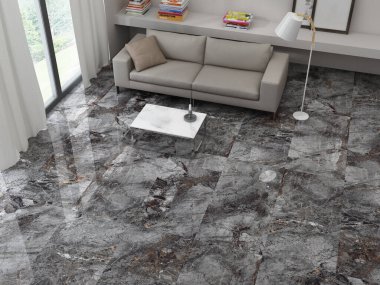 Kanepesi ve penceresinde yaz manzarası olan lüks bir oturma odası. İskandinav iç tasarımı. Ahşap mobilyalar, gri tasarlanmış mermer döşeme. Üç boyutlu illüstrasyon. 3B Hazırlama