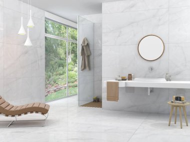 Modern banyo içi beyaz mermer zemin, beyaz ve siyah banyo küveti mermer yıkama havuzu, tahta koltuk, yan görüş. Modern mobilya ve şehir manzaralı minimalist banyo. 3B Hazırlama