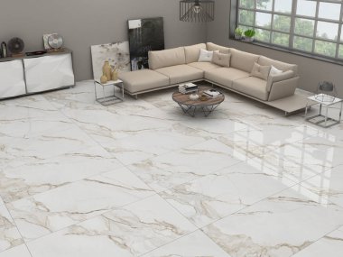 Kanepe, boş gri duvar, panoramik pencereler, koltuk, beyaz mermer döşeme, bej kanepe ve ahşap sehpa ile parlak bir stüdyo. Minimalist tasarım kavramı. Rahatlamak için bir yer. 3B Hazırlama