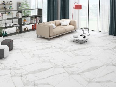 Beyaz oturma odasının içinde bej kanepe ve dekorasyonlu ahşap çekmece arka planda konferans odası, beyaz mermer zemin. Tropik bölgelerde panoramik pencere. Posteri düzenle. 3B Hazırlama