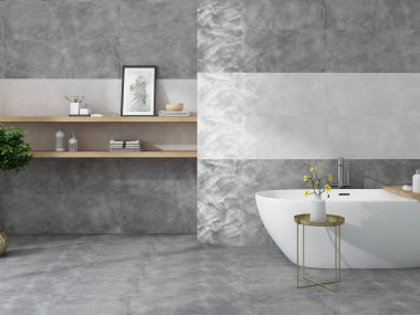 Şık parlak gri banyo, büyük beyaz banyo küveti ve arka planda büyük aynalı iki lavabo. Modern mobilyaların banyo ve ahşap mobilyaların tasviri. İnsan yok. Modelleme. 3B Hazırlama