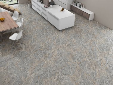 Gri duvarlı şık bir mutfak, beton zemin ve tabureli mermer bar, beyaz sandalyeli ahşap yemek masası, beyaz mermer tezgah. 3B Hazırlama