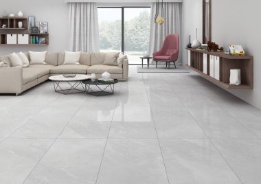 Açık renkli oturma odası, arka planda sandalyeli bej kanepe ve yemek odası, açık gri beton zemin ve kırsal pencereli. Çerçeve menüsü, ahşap mobilyalar. 3B Hazırlama