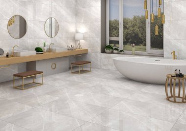 Beyaz ve bej bir banyo, seramik beyaz bir küvet, iki dar pencere, tencerede bir ağaç ve köşede bir merdiven, ahşap yüzeyde çift lavabo ve iki dairesel ayna. 3B Hazırlama