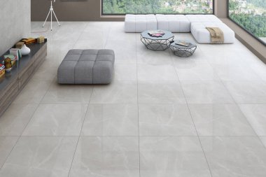 Beyaz şatafatlı kanepe, sehpa, poster, halı, dekorasyon, yastık, ekose ve kişisel aksesuarlar modern ev dekorunda. 3B Hazırlama