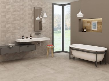 Modern lüks banyo içi bej mermer döşeme, seramik lavabo tezgahı ile dekore edilmiş, beyaz asılı lambalar, beyaz küvet ve ahşap mobilyalar. Modelleme. 3B Hazırlama