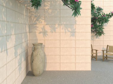 Boş bej duvar zemininde ahşap koltukları, gri mermer döşemeleri ve köşesinde seramik kapları olan modern minimalist iç mekan. 3B Hazırlama