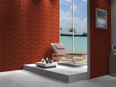 Lüks evlerde modern banyo, koyu ahşap dolaplar, beyaz küvet ve cam kapı duşu, ahşap sandalye, gerekli tuvalet malzemeleri. 3B Hazırlama