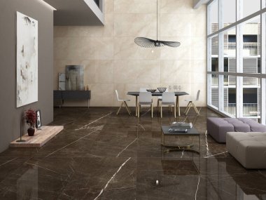 Yemek masası, dolap, bej ve gri duvar mermer parke döşeme, sehpa, panoramik pencere, kanepe. Minimalist tasarım kavramı. 3B Hazırlama