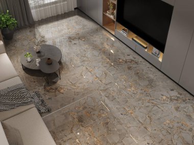 Gösterişli mermer döşeme, İskandinav kanepesi ve siyah seramik çift kahve masası, siyah beyaz kanepe halısı, siyah televizyon, yeşil saksı, pencere duvarı olan şık bir oturma odası. 3B Hazırlama