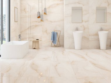Şık bir banyo, bej renkli mermer panelli duvarlar, fayanslı döşeme, yanında penceresi olan rahat beyaz küvet ve çift aynalı iki yuvarlak lavabo, asılı lambalar. 3B Hazırlama