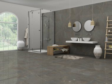 Seramik lavabo tezgahı ve üzerinde iki ayna, iki asılı lamba, duş alanı ve ahşap mobilya ile dekore edilmiş modern lüks banyo döşemesi. Modelleme. 3B Hazırlama