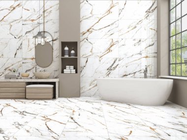 Beyaz mermer, gümüş damarlar, duvarlar, zemin ve ev bitkileri, beyaz küvet, seramik tüm lavabo ve aynalar, ahşap mobilyalar, cam pencere duvarı olan şık bir banyo. 3B Hazırlama