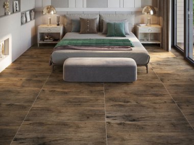 Beyaz duvarlı, modern tarz, parlak bir yatak odası. Beyaz ahşap mobilyalar, yerde ahşap desenli mermer, koyu gri kumaş ve deri mobilya ile dekore edilmiş, pencere duvarı. 3B Hazırlama