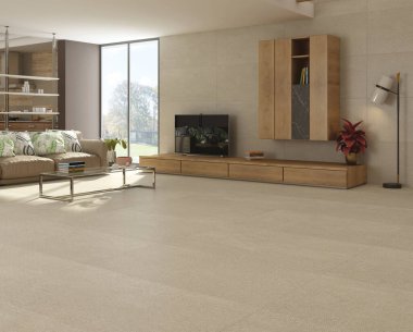 Büyük bej mermer döşeme, modern oturma odasındaki rahat kanepe, yemek alanına açılan büyük pencereler, siyah lamba, sehpa, duvarda boş poster, ahşap mobilyalar. 3B Hazırlama