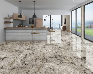 Beyaz duvarları, parlak mermer zemini, ahşap mutfak tezgahı, beyaz sandalyeli ahşap yemek masası, asılı lambalar, buzdolabı, ahşap mobilya, pencere duvarı olan şık bir mutfak. 3B Hazırlama