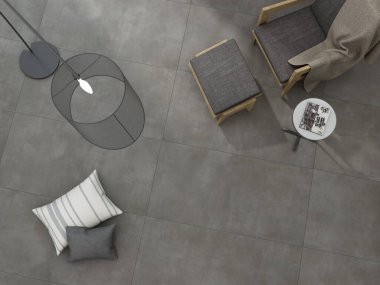 Konforlu kanepe, sehpa, kitap rafları, çalışma alanı, mermer zemin, yemek odası ile oturma odası arasında ahşap bölme olan modern çağdaş oturma odası. 3D Illustration. 3B Hazırlama