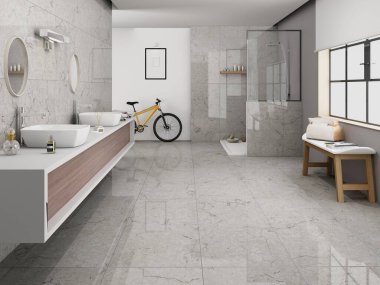 Zeminde gri mermer, küvet, havlu ve diğer kişisel banyo aksesuarları olan şık tasarımla lüks bir banyo. Modern görkemli iç mekan konsepti. Çatı penceresi. 3B Hazırlama