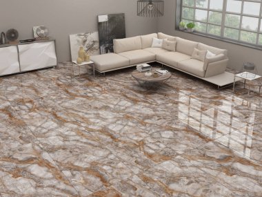 İçi gri deri mobilya seti, taş şömine ve televizyon, ahşap kitap rafı, ahşap sehpa, renkli mermer zemin, gri seramik kapta taze bitki, pencere duvarı. 3B Hazırlama