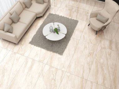 Geniş kanepe, kitaplık, sehpa, çanak çömlek, beyaz duvar, halı ve bej mermer döşemeli parlak oturma odası. Minimalist tasarım kavramı. Buluşma için rahat bir yer. 3B Hazırlama