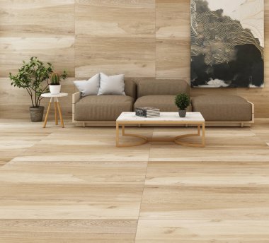 Gri kanepesi, koltuğu, ahşap zemini, lambası ve süslemeli seramik sehpası olan şık bir oturma odası. Model modeli. Gündüz vakti modern tasarım odası. 3B Hazırlama