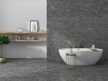 Lüks banyo içi gri mermer zeminli, panoramik pencereli ve çelik tezgahında havlusu olan beyaz küvetli beyaz lavabo ve aynalı, ahşap mobilyalı, beyaz ve gri duvarlı. 3B Hazırlama