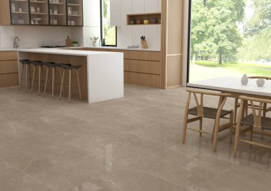 Modern tarzda mutfak lavabosu, ocağı, fırını, mutfak aletleri, ahşap tezgahı, ahşap mobilya depolama rafları, beyaz masa ve sandalyeli, köşesinde kitaplığı olan. 3B Hazırlama