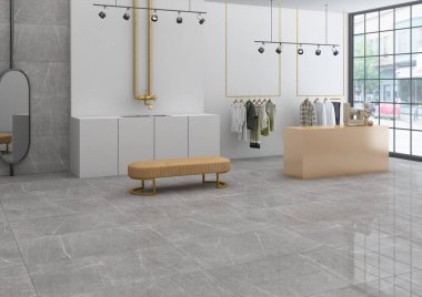 Gri duvarlı modern butik iç tasarımın perspektif görüntüsü ve şehir manzaralı zemin ve pencere. 3B Hazırlama