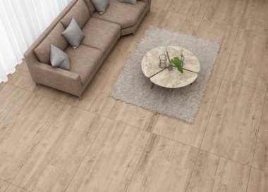 Oturma odası, duvar süslemesi ve ahşap, kahverengi mermer ve kanepe setiyle donatılmış televizyon dolabı. 3B Hazırlama