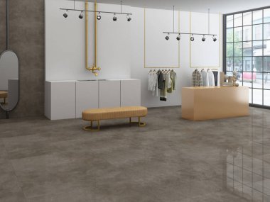 Modern bir giyim mağazasının içinde. Minimalist stil. Elbiseler askıda duruyor. Moda renkleri. Pencereler ve boş alan. Yansıma zemini ve duvarı var. Ön manzara. Model yap. 3B Hazırlama