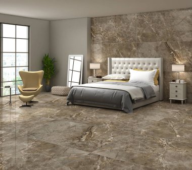 Kahverengi yatak odası, yatak örtüleri ve yastıklar, ön manzara, halı ve şehir manzaralı mermer beton zemin. Büyük gardırobu ve sarı koltuğu olan rahat bir yatak odası. 3B Hazırlama