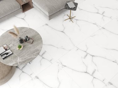 Modern lüks oturma odası ve mermer duvar dokusu arka plan tasarımı, yastıklı gri rahat kanepe, mermer sehpa, gümüş damarlı beyaz mermer döşeme. 3B Hazırlama