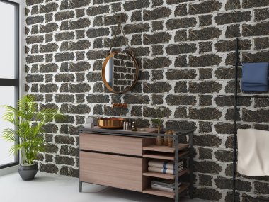 Lüks siyah mermer banyo içi, beyaz bir küvet, oturma tezgahı, üstünde resim çerçeveleri, tuvalet malzemeleri için küçük tahta bir masa ve bir süs sürgüsü. 3B Hazırlama