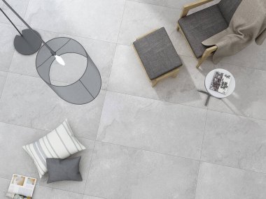 İçinde kanepe, mermer sehpa, kurutulmuş çiçekler, özel lamba ve mermerden yapılmış gri döşemelerin bulunduğu modern oturma odasının köşesi. Model yap. 3B Hazırlama