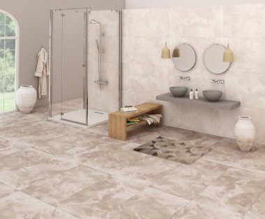 Zarif banyo dekoru parlak mermer, bir tarafında cam duş bölümü, köşesinde seramik bir dcor kap, gri duvarda asılı bir bornoz ve ahşap mobilyalar. 3B Hazırlama