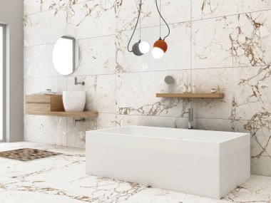 Beyaz mermer zemini ve duvarı olan lüks bir banyo, üzerinde asılı bir lamba olan beyaz bir küvet, cam ayna ve lavabo. Banyoda doğal ışığın 3D yansımasını sağlayan büyük pencereler var.