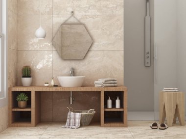 Zarif bir askıya alınmış lamba ve bej kiremitli duvarları ve döşemeleri olan bir banyonun köşesinde rahat, açılı beyaz bir küvet var. Lavabo da tezgahın üstünde. 3B Hazırlama