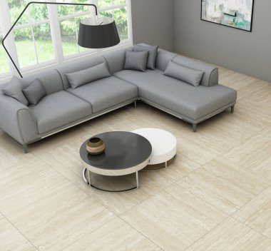 Modern naneli kanepe, ahşap konsol, küp, sehpa, lamba, bitki, poster çerçevesi, yastıklar, ekose dekorasyon ve ev dekorasyonunda zarif aksesuarlarla oturma odasının şık iç tasarımı. 3B Hazırlama