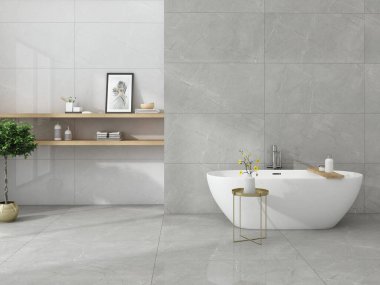 Beyaz banyo küveti, gri ve mermer duvarlar ve rahatlık duygusunu arttırmak için ilave aksan parçaları olan lüks bir banyo. 3B Hazırlama