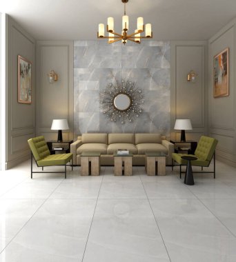 Modern oturma odası iç tasarımı, beyaz mermer ve bej kanepe seti, duvarda boş poster, kanepenin arkasında pencere duvarı. 3B Hazırlama