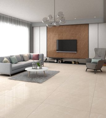 Lüks ve rahat bir yaşam alanı. İçinde bej mermer, beyaz bir halı, gri bir kanepe ve kahve masası ve parlak bir ışıklandırma var. 3B Hazırlama